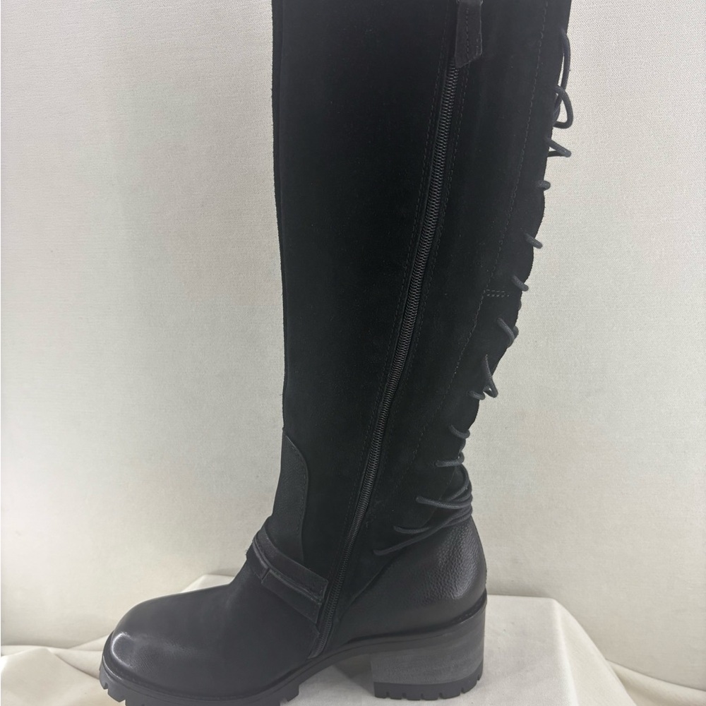 Miz Mooz Black Lace-Up Knee-High Heeled Boots - Picture 5 of 11